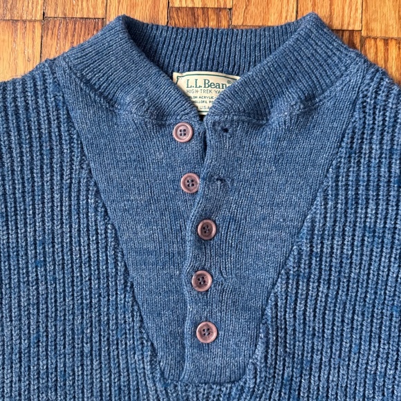 Vtg L.L. Bean Heavy Wool Henley Fisherman Sweater High Trek Yarn Blue Mens L - Picture 3 of 8